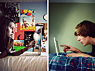 split screen of young woman with laptop and young man with laptop facing each other