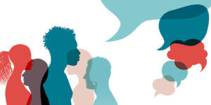 graphic of people talking, representing racial diversity and communication