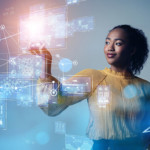 photo of young black woman with networked data graphic overlay