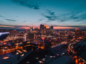 photo of Minneapolis skyline at sunset