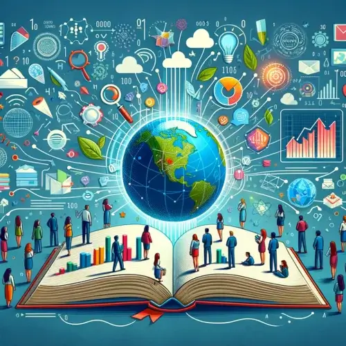 AI-generated illustration of an open book with graphs, charts, and maps flowing from its pages towards a globe.
