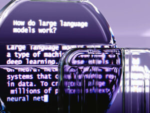artist's visualization of AI, reading "how do large language models work?"
