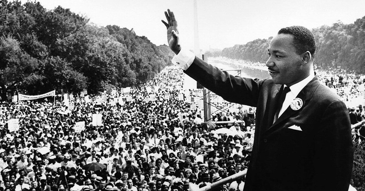 Image captures a photograph of Dr. Martin Luther King Jr. after he delivered the "I Have a Dream Speech," in Washington, DC. August 28, 1963. 
