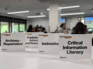 photo of subject cards from Kaleidoscope site visit at Arizona State U reading "Archives Repatriation," "Publishing Advice and Research," "Instruction," and "Critical Information Literacy"