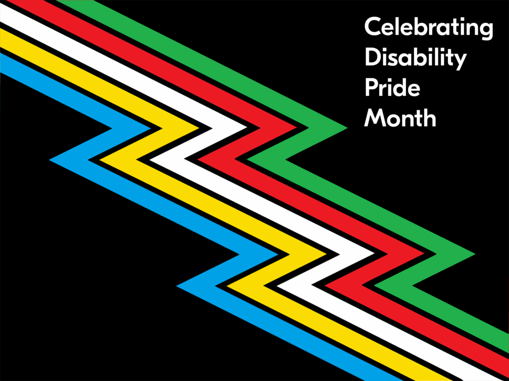 Image includes the Disability Awareness Month flag.Red: physical disabilities. Gold: neurodiversity. White: invisible disabilities and undiagnosed conditions. Blue: emotional and psychiatric disabilities. Green: sensory disabilities, including deafness, blindness, and other sensory disabilities. Faded Black Background: mourning and rage for victims of ableist violence and abuse.