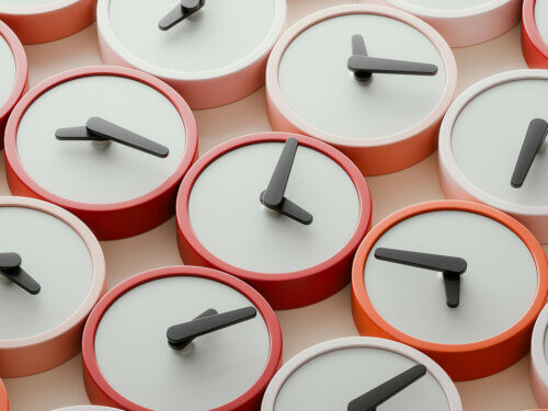 3D render of more than a dozen analog clocks, each telling a different time than the others