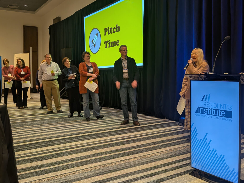 The author pitches an innovation challenge during the “Pitch Time” session while other participants wait in line to present.