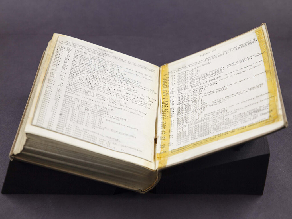 Course syllabi taped inside back cover of The Complete Works of Shakespeare 1951 by Anne Spencer