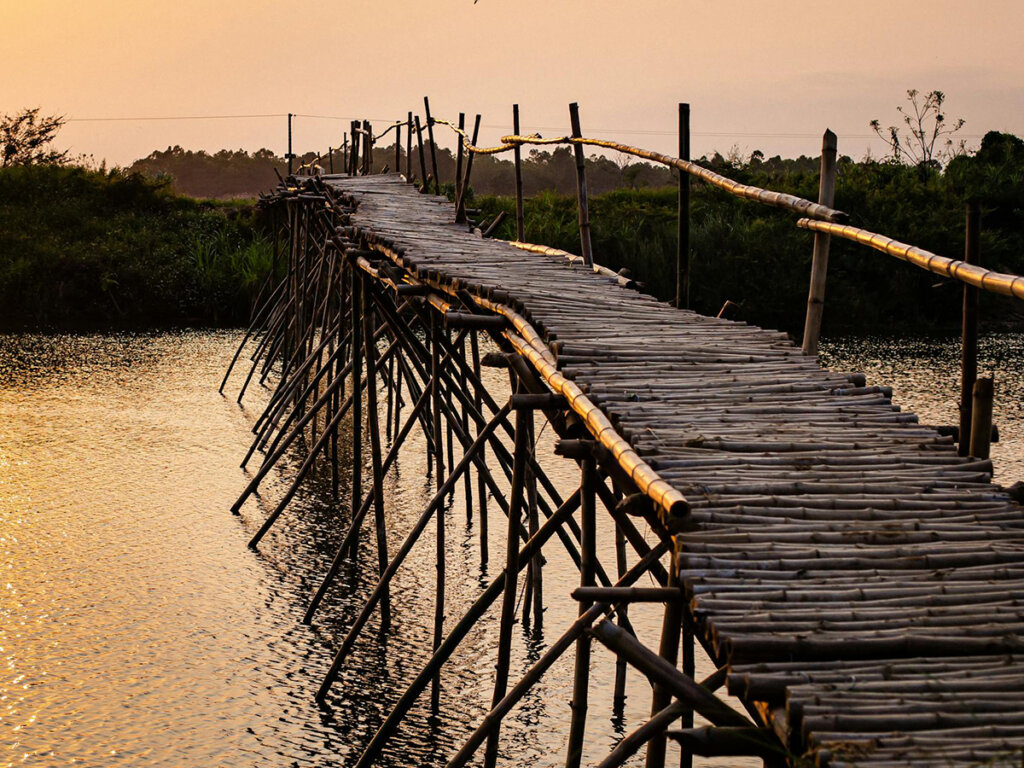 photo of a bamboo bridge over a body of water