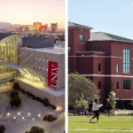 photo of a white concrete library building with a wall of glass and the Las Vegas strip in the background and photo of a red brick library building on an idyllic college campus in springtime